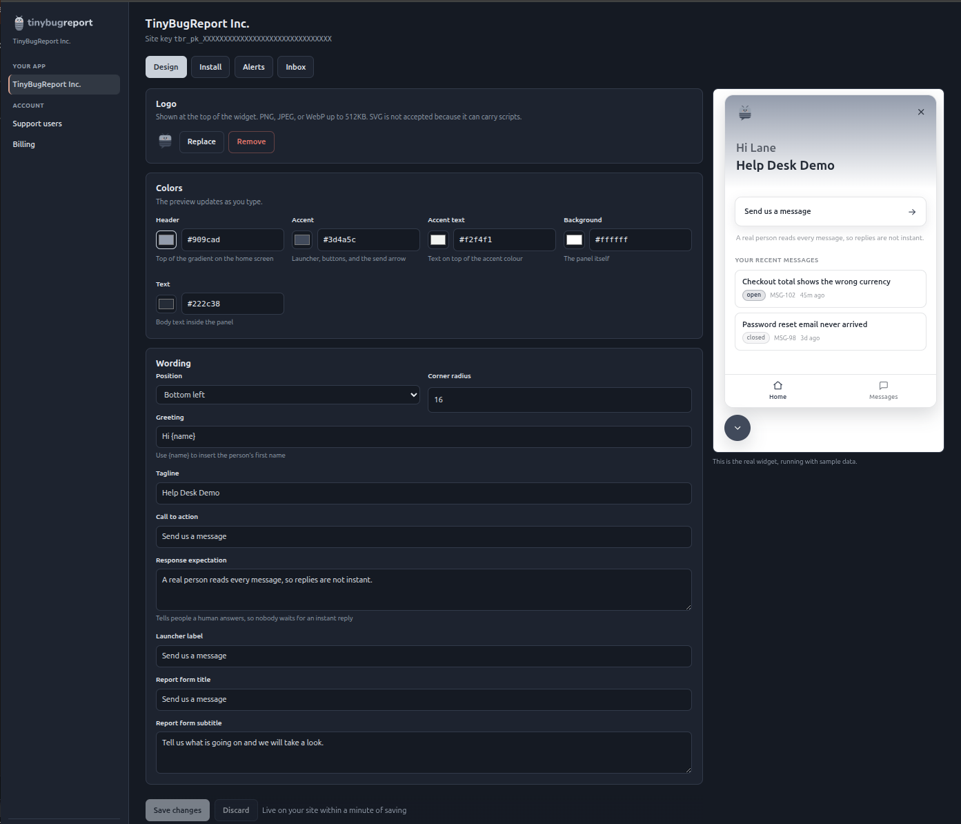 The dashboard design screen: colour fields for the header, accent, background and text, and fields for the greeting, tagline and button wording, with the live widget preview beside them.