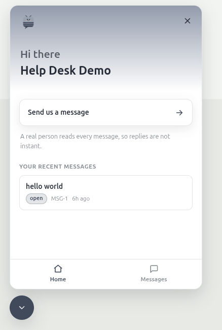 The widget panel open on a page, greeting the visitor, with a button to send a message and a list of their recent messages showing one still open.